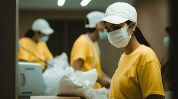 Portrait of Delivery Girl Wearing Yellow T-shirt and Mask During Parcel Packing Before Shipping, Generative AI. photo