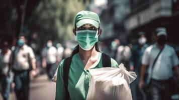 Portrait of Delivery Girl Carrying Food Package in Protective Mask, Work for Courier Company. . photo