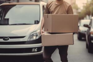 Cropped Image of Delivery Man Holding Cardboard Boxes, Vehicles Moving at Street. Work for Courier Company. Generative AI. photo