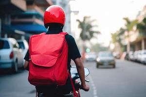 Back View of Fictional Food Delivery Rider on Scooter with Thermal Bag, Express Delivery Service from Cafe and Restaurant. Generative AI. photo