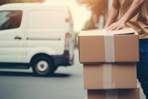 Cropped Image, Delivery Man Standing with Pile of Cardboard Box in Front of Vehicle, Work for Courier Company. . photo