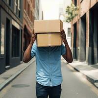 retrato de entrega hombre ocultación cara con cartulina cajas a calle. trabajo para mensajero servicio, generativo ai. foto