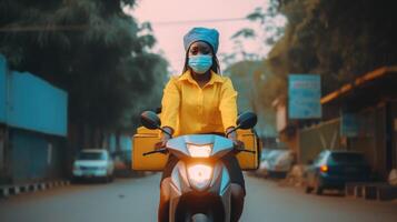 Fictional Food Delivery African Girl Riding on Scooty with Isothermal Case Box, Express Delivery Service from Cafe and Restaurant. . photo