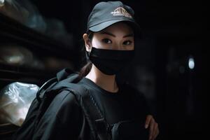 Portrait of Delivery Girl Wearing Thermal Backpack in Uniform and Protective Mask, Work for Courier Service. Generative AI. photo