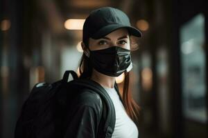 retrato de entrega niña vistiendo térmico mochila en uniforme y protector mascarilla, trabajo para mensajero servicio. generativo ai. foto