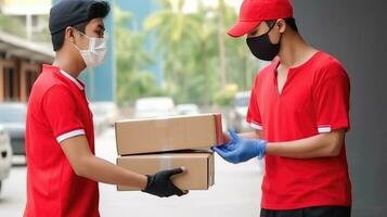 Portrait of Delivery Men Wearing Red T-shirt with Medical Mask, Holding Cardboard Boxes Together for Take Away. Generative AI. photo