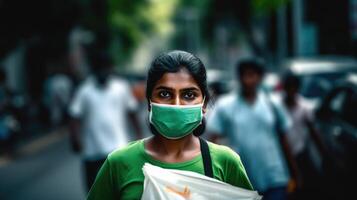 Closeup Portrait of Delivery Girl Wearing Green T-shirt and Face Mask at Outside, Work for Courier Service. . photo