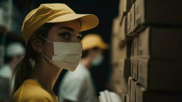 Side Closeup Look of Delivery Girl Wearing Uniform and Medical Mask in Warehouse, Generative AI. photo