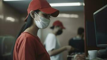 Side View of Delivery Girl in Uniform with Medical Mask During Working at Desktop. Work for Courier Service. Generative AI. photo