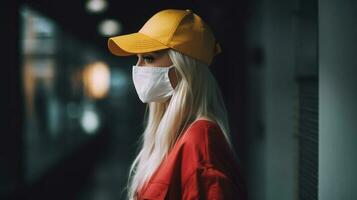 Side View Portrait of Blonde Hair Delivery Girl Employee in Uniform and Medical Mask, Work for Courier Service. Generative AI. photo