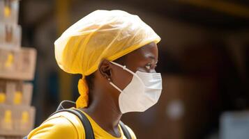Side View Closeup of African Delivery Girl Wearing Mask During Working in Warehouse, . photo