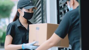 Closeup Portrait of Delivery Girl Giving Cardboard Box to Coworker in Protective Mask, Work for Courier Service. Generative AI. photo