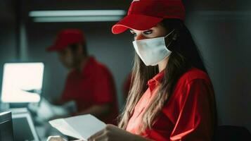 Side View of Delivery Girl Wearing Uniform and Medical Mask During Working at Workplace, Generative AI. photo