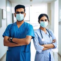 Portrait of Mid Aged Male and Female Doctor Wearing Masks While Standing Together in Hallway of Hospital, . photo
