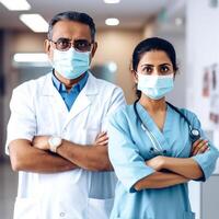 Portrait of Mid Aged Male and Female Doctor Wearing Masks While Standing Together in Hallway of Hospital, . photo