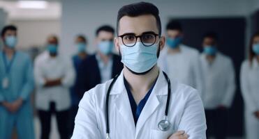 retrato de médico profesionales vistiendo mascaras y en pie en pasillo de hospital. generativo ai. foto