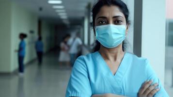 Portrait of Young Female Doctor Wearing Mask on the Hospital Foyer, . photo