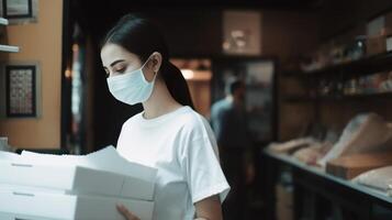 lado ver de entrega niña vistiendo uniforme y médico mascarilla, participación blanco cajas para Envío o tomar lejos. generativo ai. foto