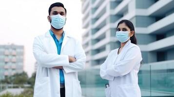 Young Male and Female Medical Professionals Wearing Masks at Hospital Outside, . photo