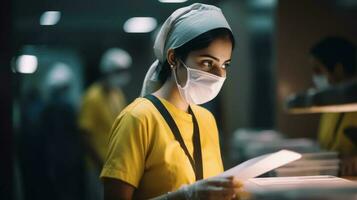 de cerca de indio entrega niña vistiendo máscara durante trabajando a lugar de trabajo, generativo ai. foto
