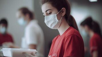 Closeup View of Delivery Girl Wearing Uniform and Medical Mask, Holding Food for Packaging Before Delivery. Generative AI. photo