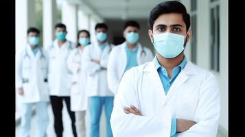 retrato de médico profesionales vistiendo mascaras y en pie en pasillo de hospital. generativo ai. foto