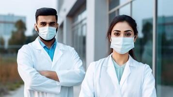 Portrait of Male and Female Medical Professionals Wearing Masks at Hospital Outside, . photo