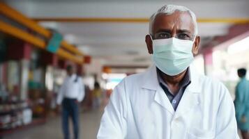 retrato de medio Envejecido médico profesional o farmacéutico vistiendo máscara mientras en pie farmacia antecedentes. generativo ai. foto