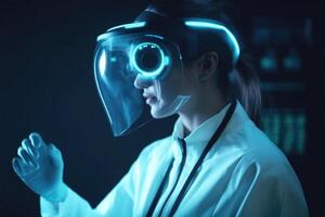 Portrait of Young Female Scientist Wearing Safety Glasses and Working Futuristic Laboratory, . photo