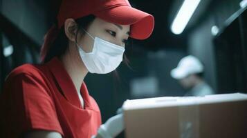 Closeup View of Asian Delivery Girl in Uniform with Medical Mask and Parcel Packing Before Delivery. Generative AI. photo