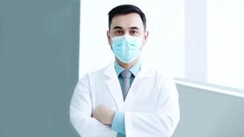 retrato de joven masculino médico vistiendo máscara mientras en pie en pasillo de hospital, generativo ai. foto