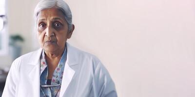 retrato de mayor hembra médico profesional en el hospital o clínica, generativo ai. foto