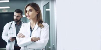 Portrait of Male and Female Doctor Standing in the Hospital Corridor, . photo