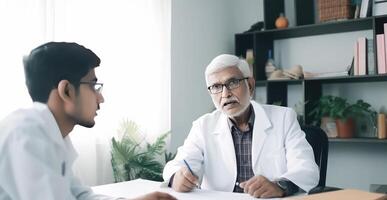 Portrait of Senior Male Doctor Explaining To His Junior at Workplace in Hospital, . photo