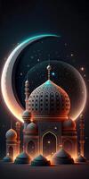 increíble arquitectura diseño de musulmán mezquita, creciente luna, estrellado noche, Ramadán Mubarak concepto, generativo ai. brillante luces. foto