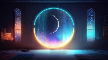 Amazing architecture design of mosque door and shiny crescent moon, ramadan mubarak concept, . Shiny lights. photo