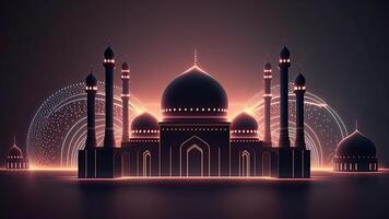 increíble arquitectura diseño de brillante dorado musulmán mezquita, Ramadán Mubarak concepto, generativo ai. brillante luces. foto
