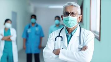 Portrait of Elderly Male Doctor Wearing Mask and His Medical Team in the Hospital Foyer, . photo