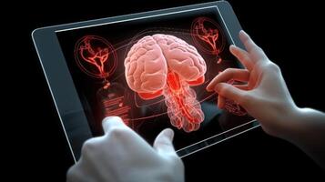 Closeup of Human Hands Using a Futuristic Digital Tablet and Brain Scan, Medical Healthcare Technology, . photo