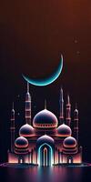 Amazing architecture design of shiny muslim mosque, and blue crescent moon, ramadan mubarak concept, . Shiny lights. photo