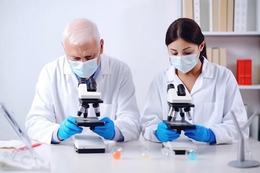 Portrait of Mid Aged Scientists Researching and Learning in a Laboratory, . photo