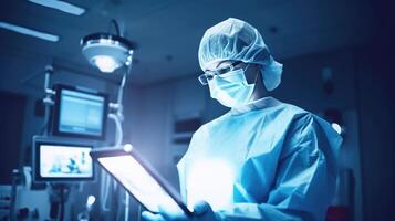 Portrait of Female Surgeon Wearing Surgical Uniform and Using Tablet in Operating Room, . photo