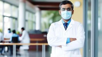 retrato de mayor masculino médico profesional vistiendo cara máscara mientras en pie en el hospital pasillo, generativo ai. foto