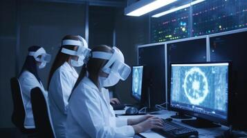 Female Physicians or Scientists Wearing VR Headset and Using Computer, X-Ray Hologram, Technology. photo