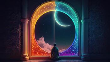 Amazing architecture design of muslim mosque window, crescent moon, ramadan mubarak concept, . Starry Background. photo