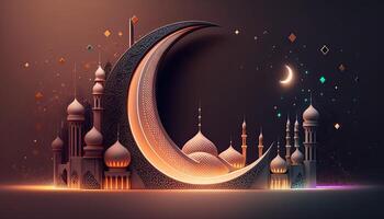 Amazing architecture design of muslim mosque, crescent moon and stars, ramadan mubarak concept, . photo