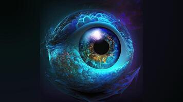 Eyeball Hologram In Closeup, Digital Technology. photo