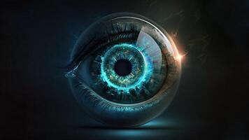 Eyeball Hologram In Closeup, Digital Technology. photo