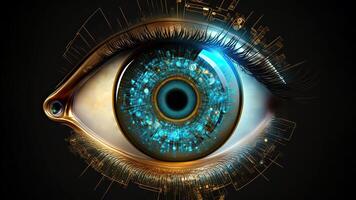 Eye Hologram in Closeup, Futuristic Vision Scan Technology. . photo