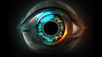 Eye Hologram in Closeup, Futuristic Vision Scan Technology. . photo